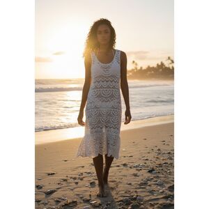 Miken White Lace Racerback Swim Coverup Dress M Boho Style Swimwear